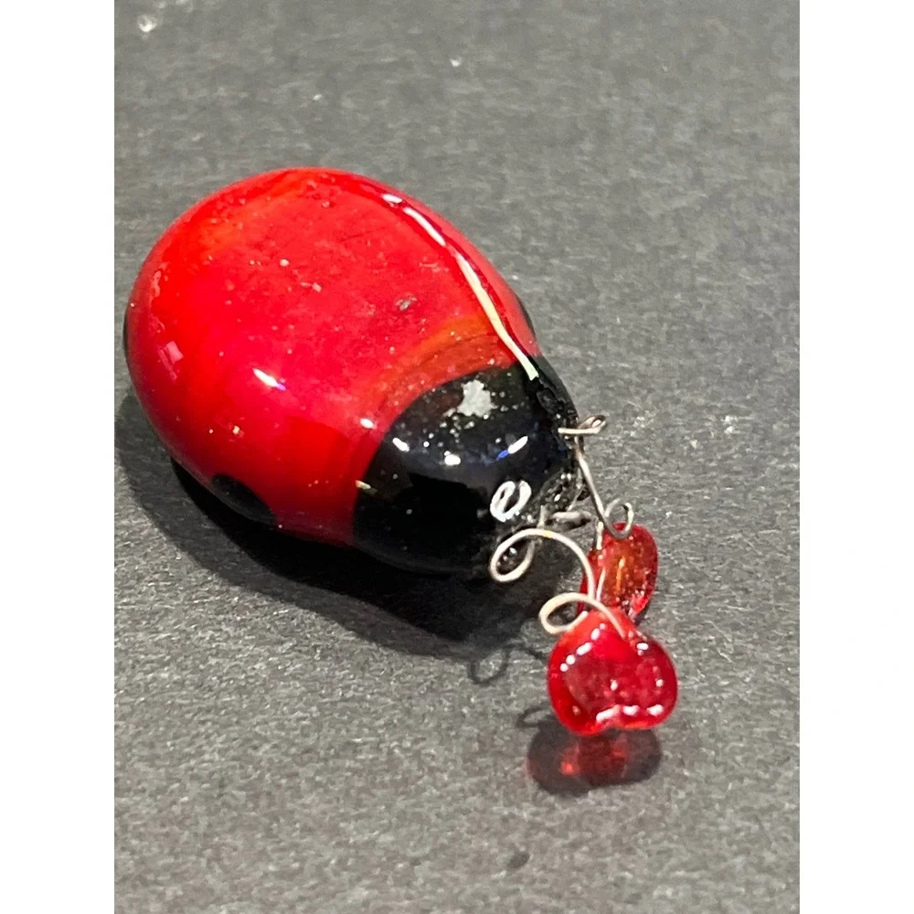 Vntg Miniature Glass Ladybug with Heart Antennae and Ceramic Blue Mushroom Set
